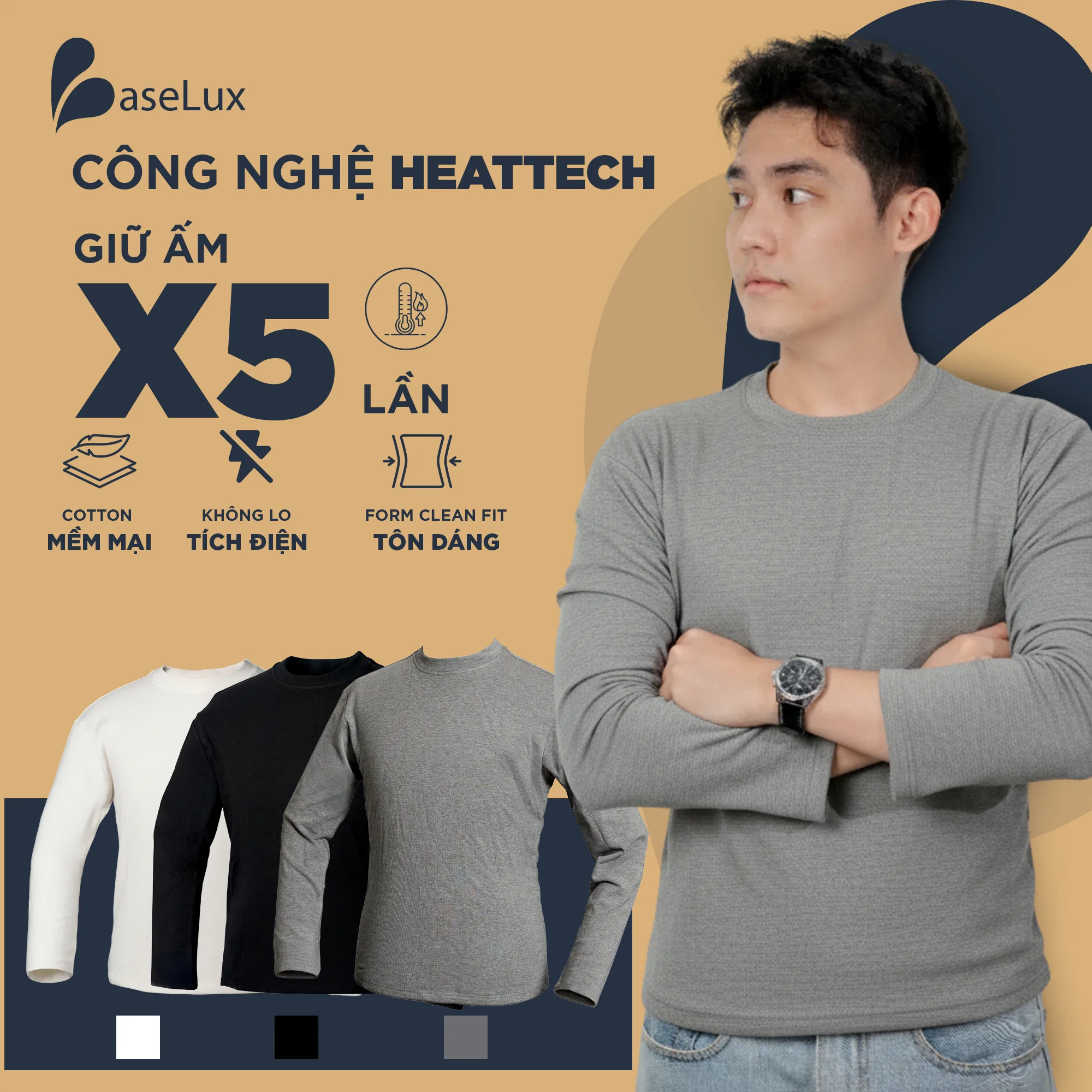 Áo thun nam xám dài tay Baselux công nghệ heatetech giữ ấm x5 lần, Áo tay xám dài nam cao cấp chất cotton mềm mịn thoải mái