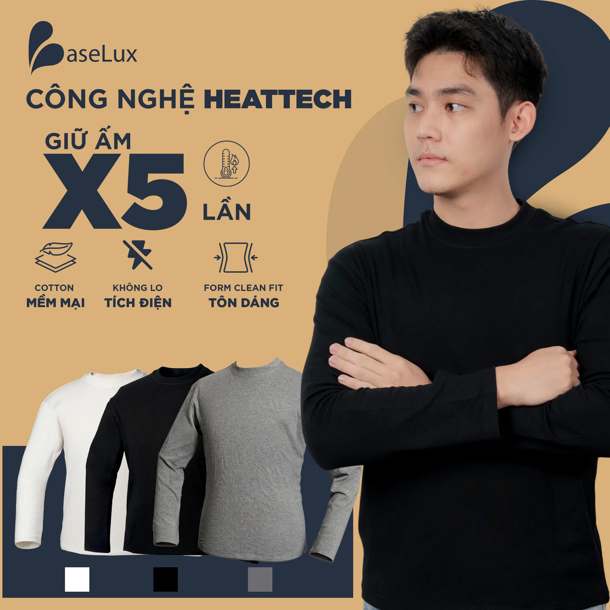 Áo thun nam dài tay Baselux công nghệ heatetech giữ ấm x5 lần, Áo tay dài nam cao cấp chất cotton mềm mịn thoải mái