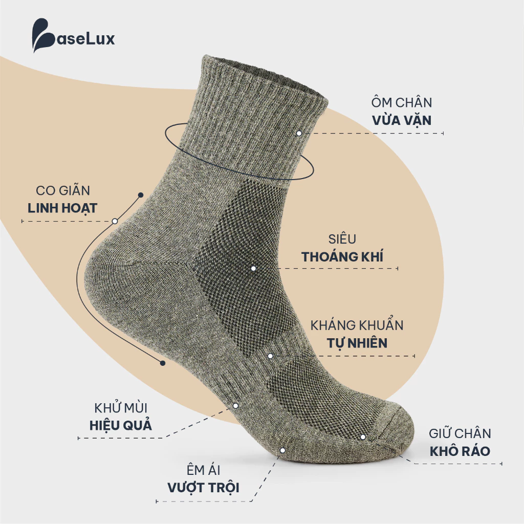Tất nam cổ trung BaseLux tất cotton co giãn, vớ nữ mềm mại thoáng mát, tất đá bóng kháng khuẩn chống hôi chân - Image 2