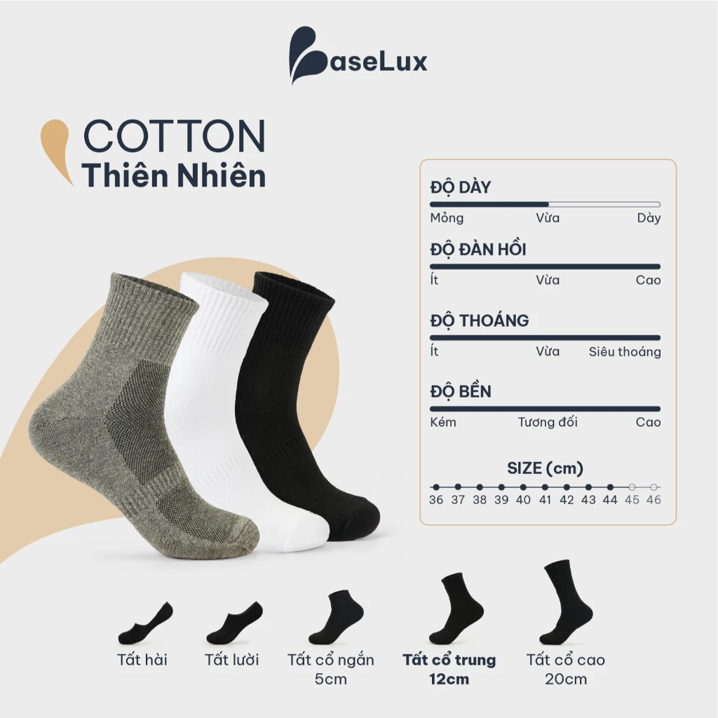 Tất nam cổ trung BaseLux tất cotton co giãn, vớ nữ mềm mại thoáng mát, tất đá bóng kháng khuẩn chống hôi chân - Image 3